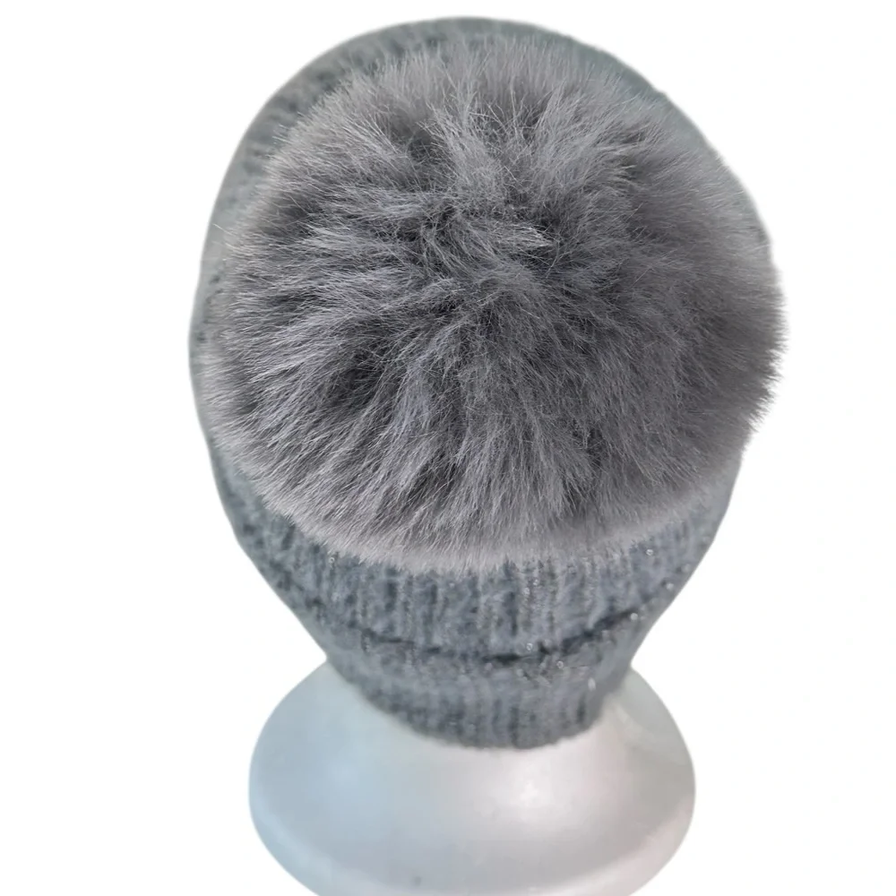 Steve Madden Women's Eldridge Sparkle Rib Knit Faux Fur Pom Beanie New!